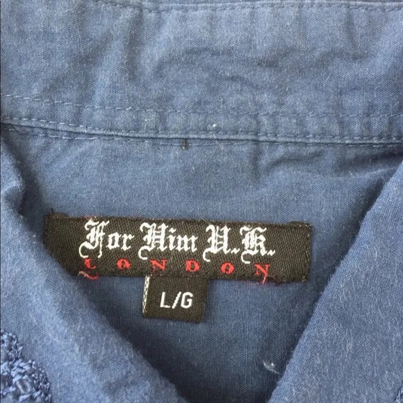 For Him U.K. Men Long Sleeve Shirt Large Navy Embroidered Print - Picture 12 of 14